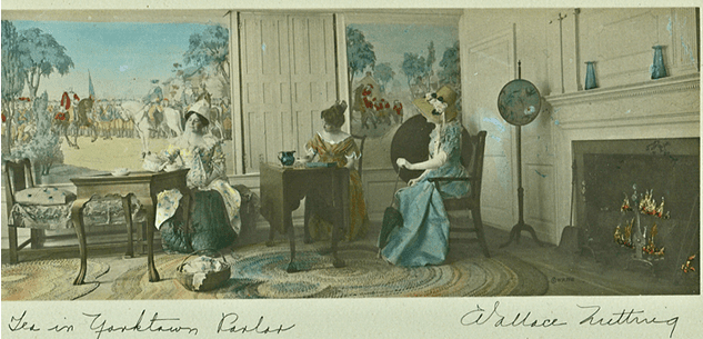 Old print depicting three women sitting in a room before a great mural. One is writing, one is pouring tea, and one is talking.